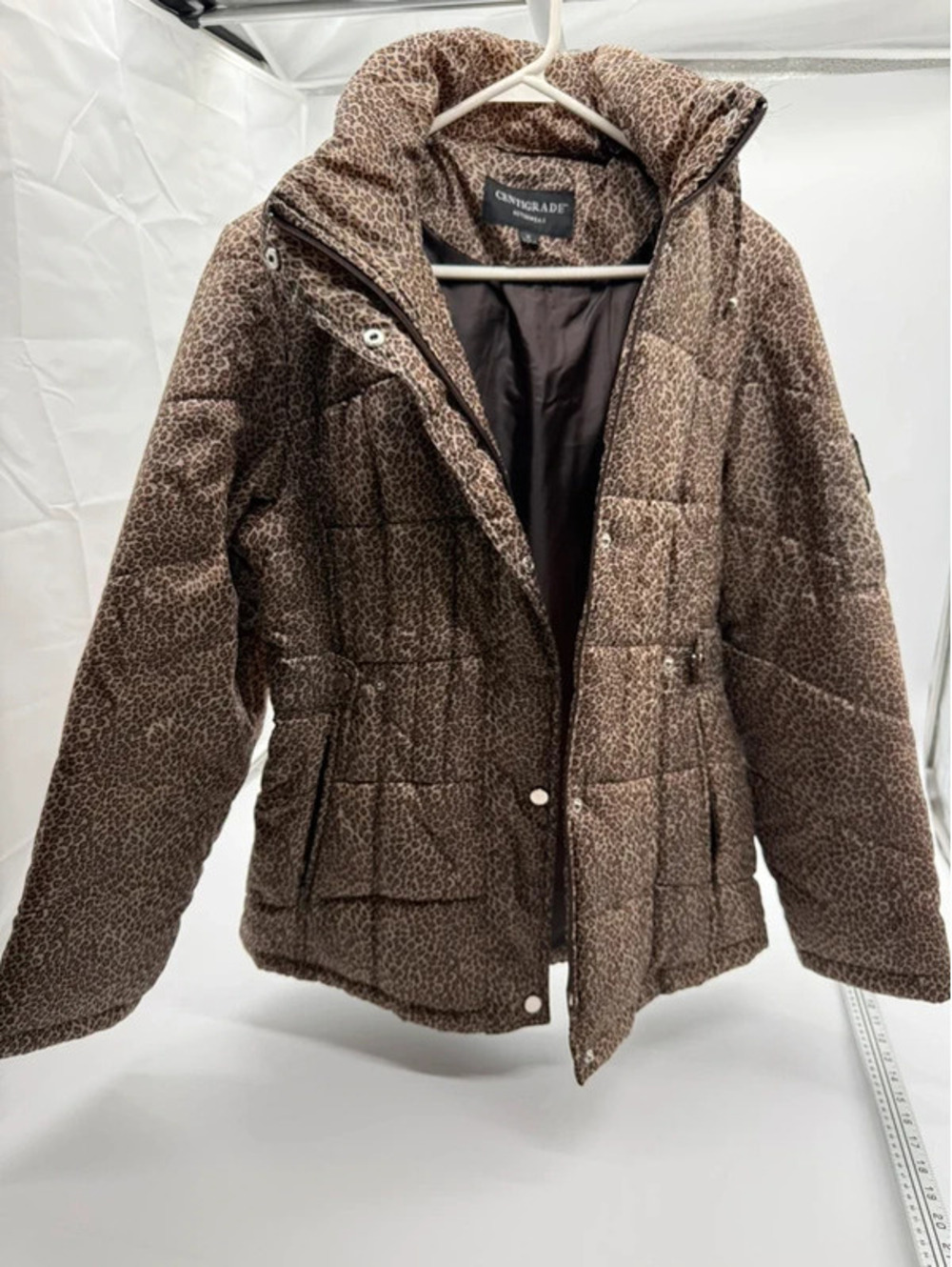 Centigrade Women’s Leopard Print Puffer Jacket with Faux Fur Hood Size M